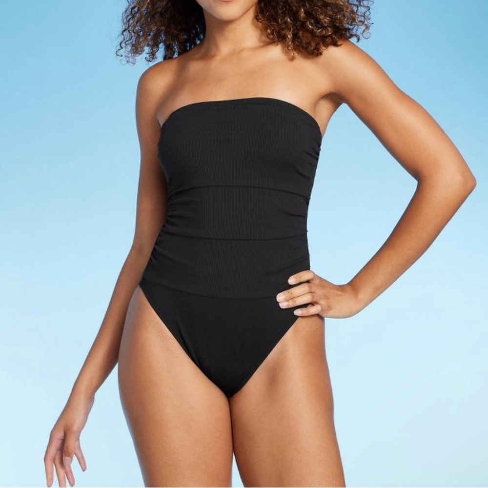 SHADE & SHORE Shirred‎ Ribbed Bandeau Cheeky One Piece Swimsuit